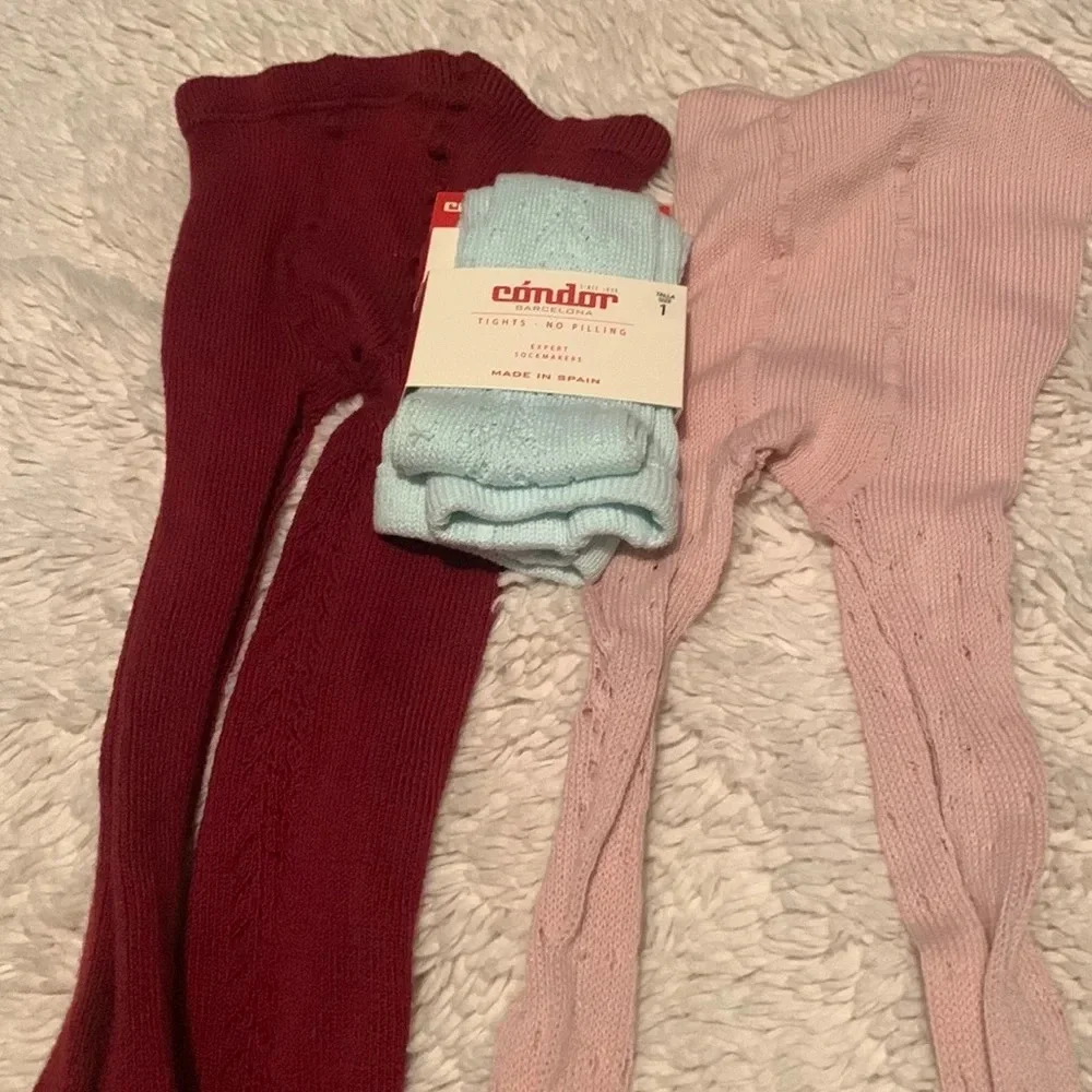 Condor tights open work crocheted pink lavender and aqua size 1 rust red size 2